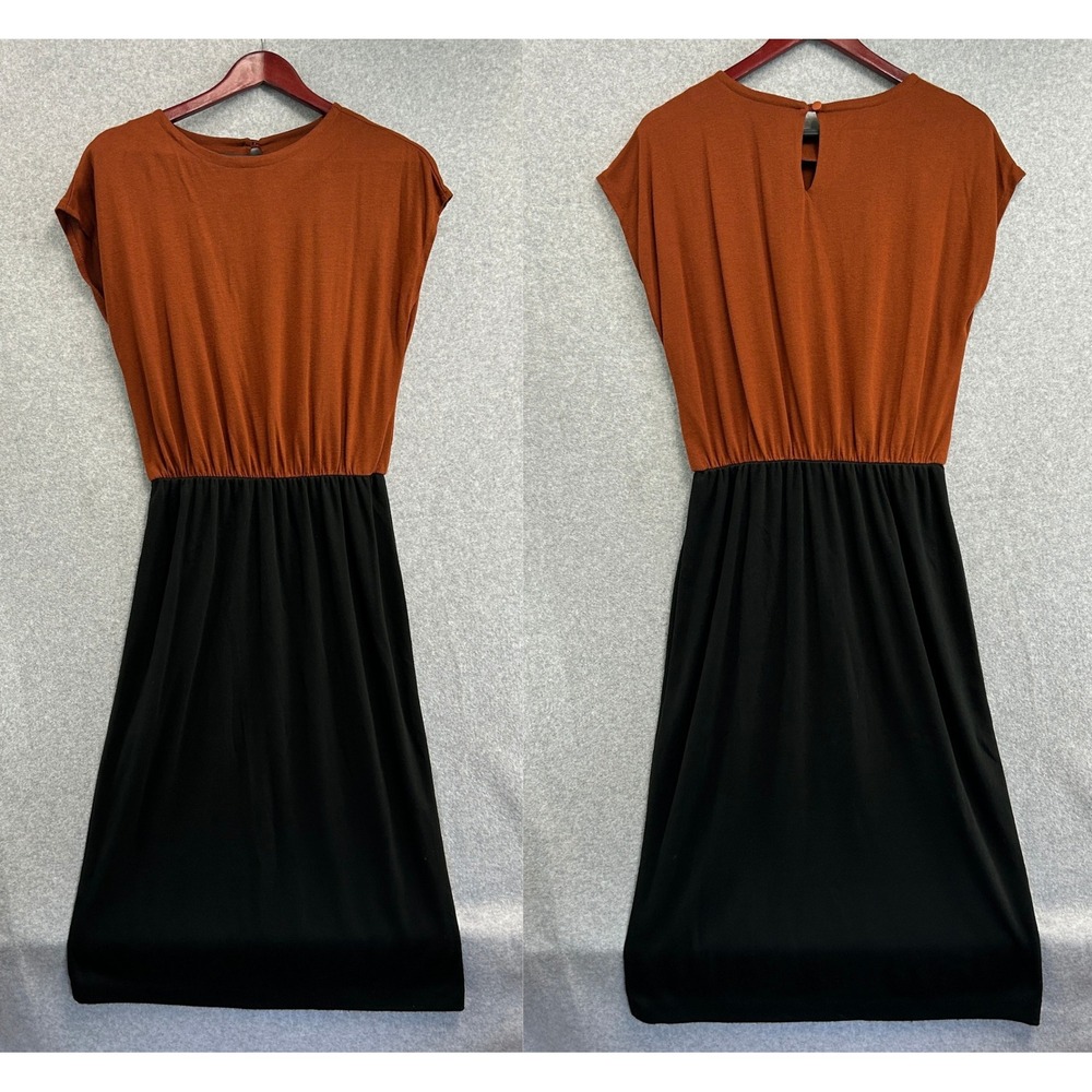Jean Leslie Dress Rust‎ Black Colorblock Cap Sleeve Midi Vintage Womens Size 12M
